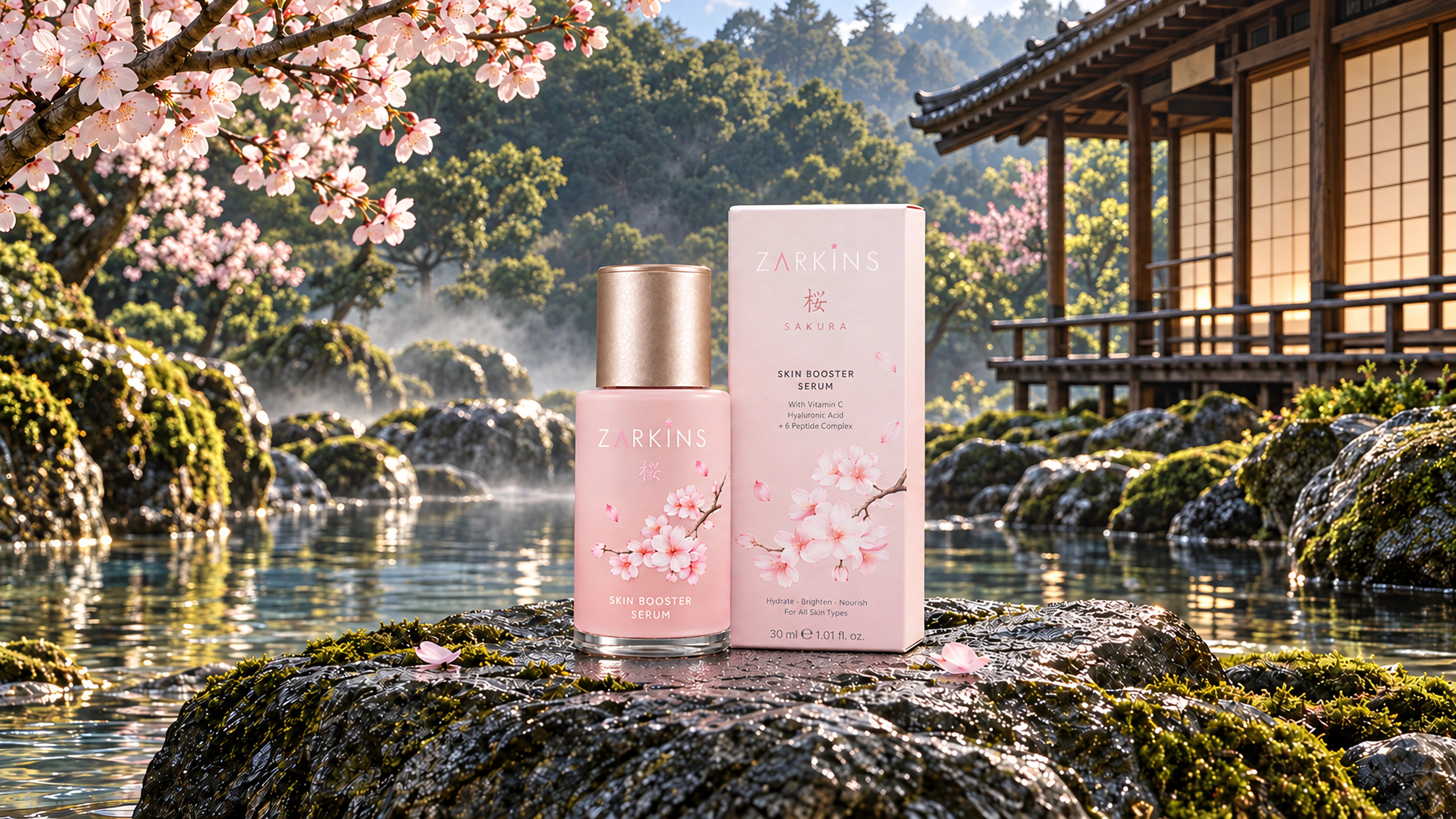 Sakura serum and carton on stone in a flowering garden