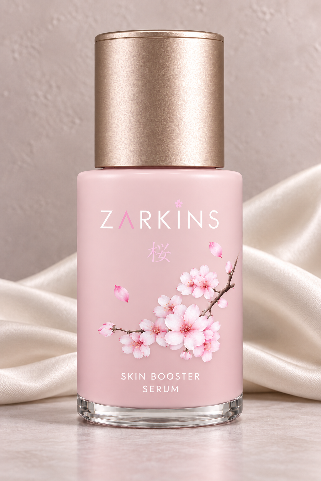 The Sakura bottle in soft light against ivory fabric