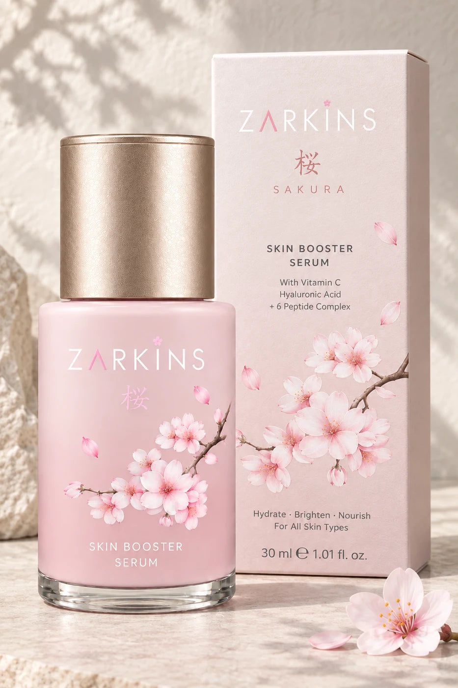 Sakura serum and carton on pale stone
