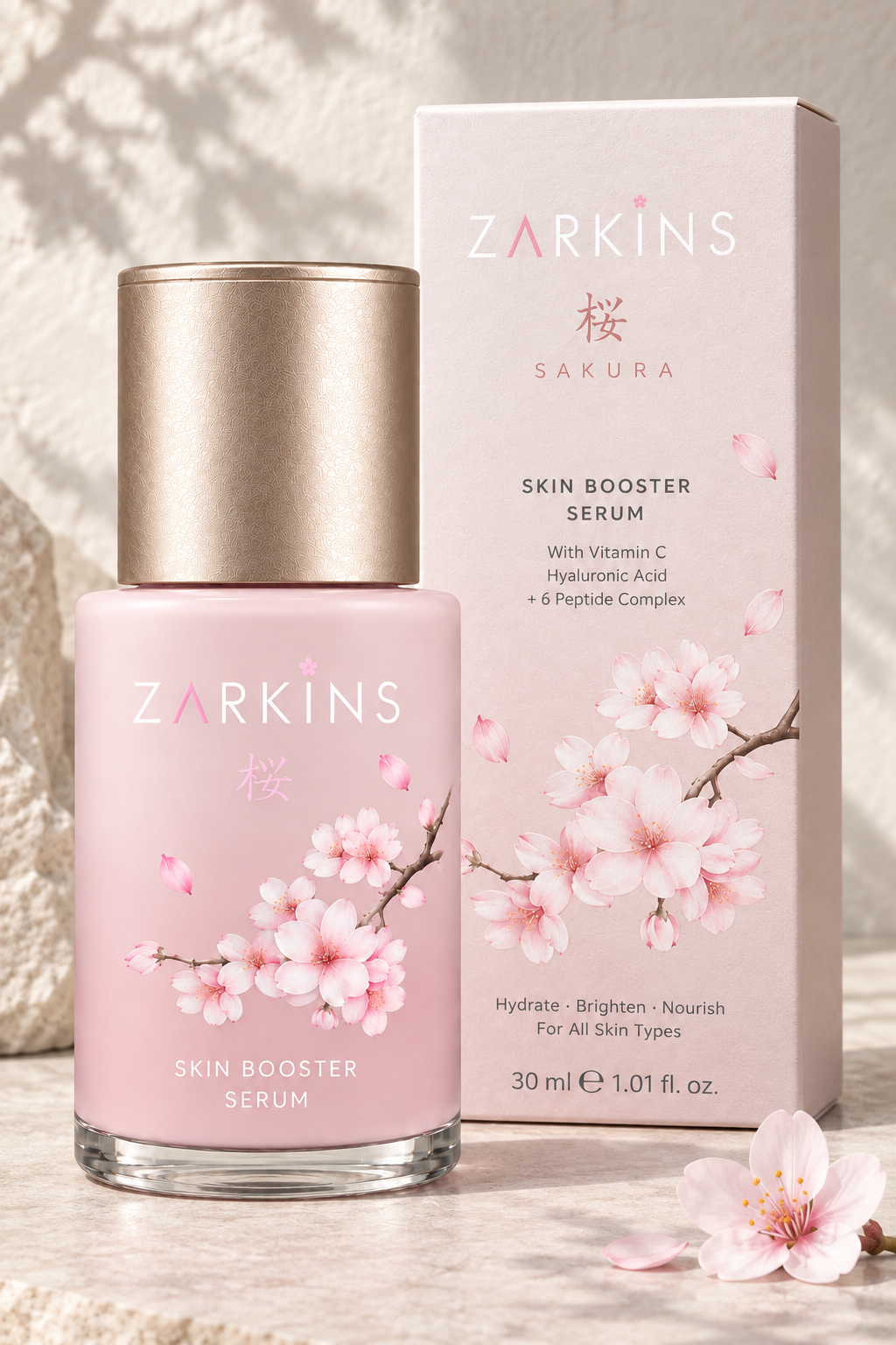 Sakura bottle and carton in a softly lit stone studio